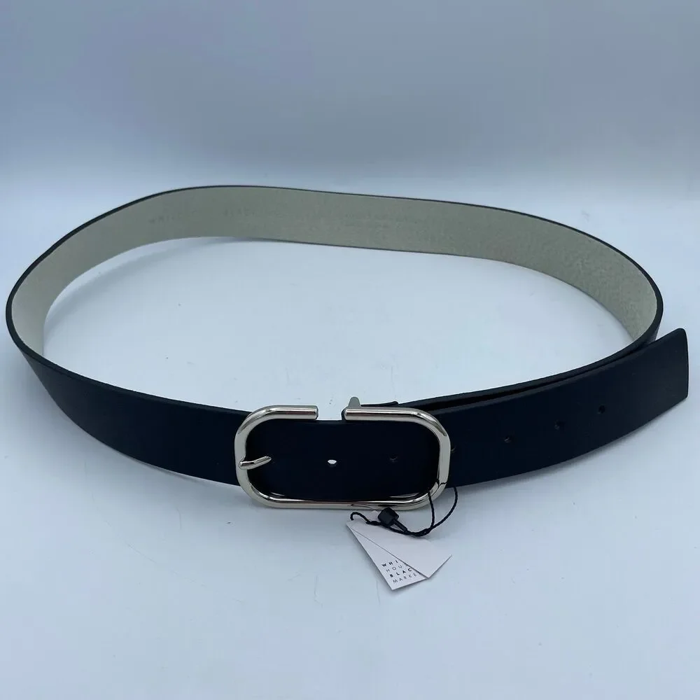 White House Black Market Black Leather Belt Silver Minimalist Buckle NWT Size L